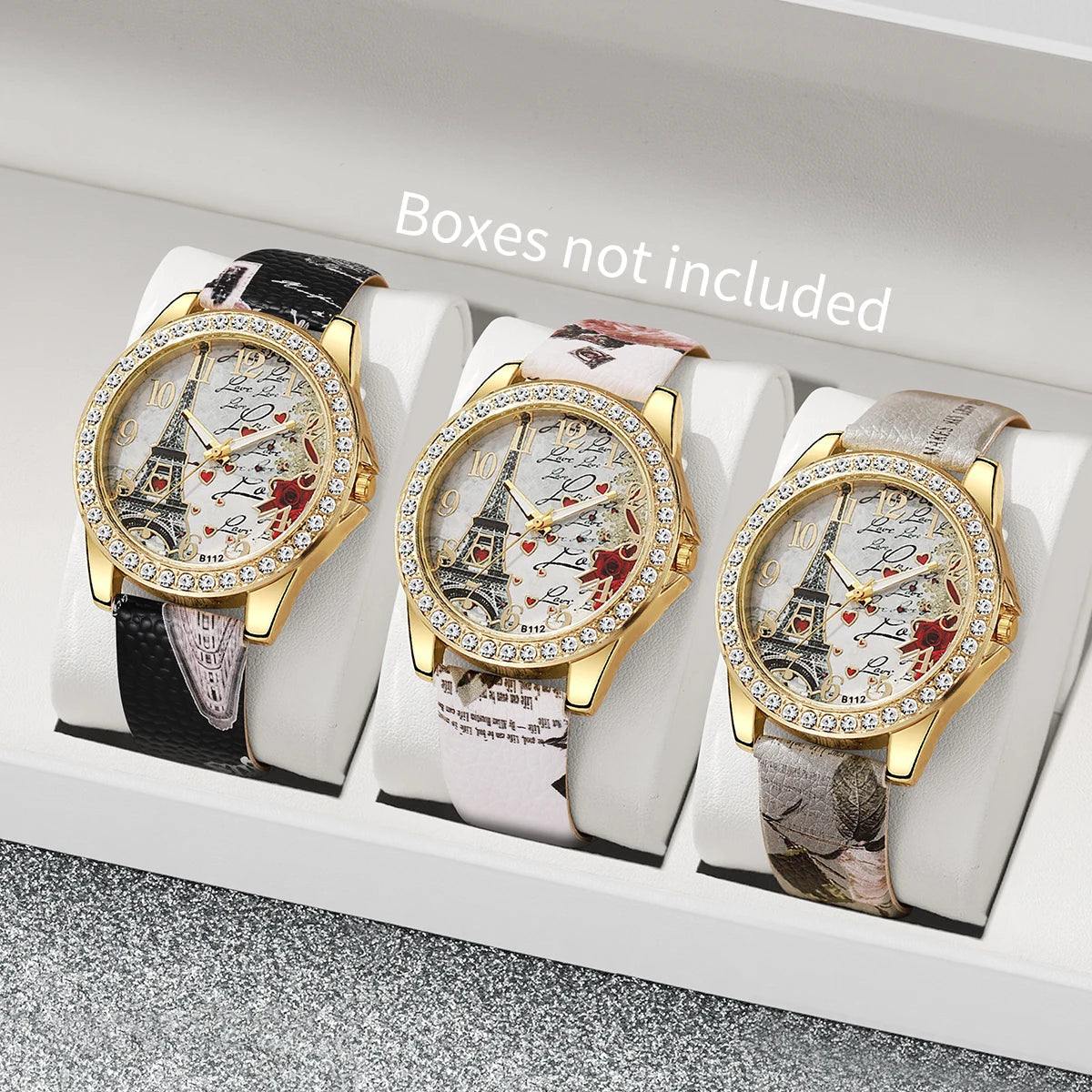 3/4/5PCS Fashion Rhinestone Women's Watch Flowers Printed Leather Band Female Quartz Watches Bracelets Set(Without Box)