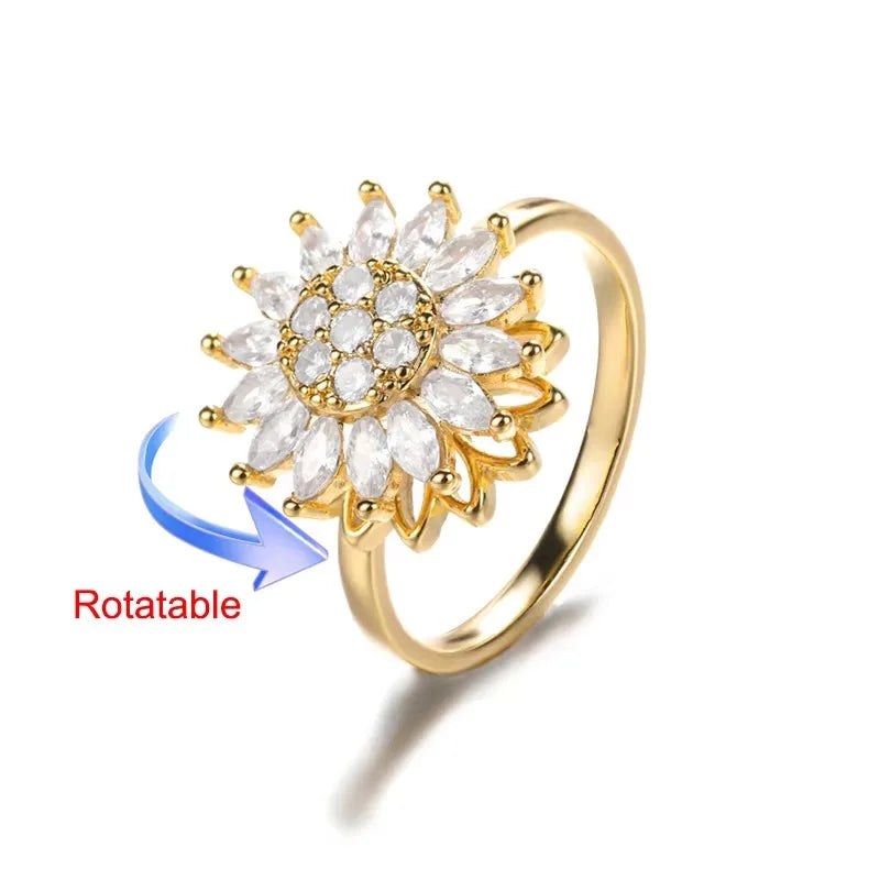 Rotating Sun Opal Ring For Women Stainless Steel Retro Charm Adjustable Open Rings Party Jewelry Best Friend Gift Bijoux Femme