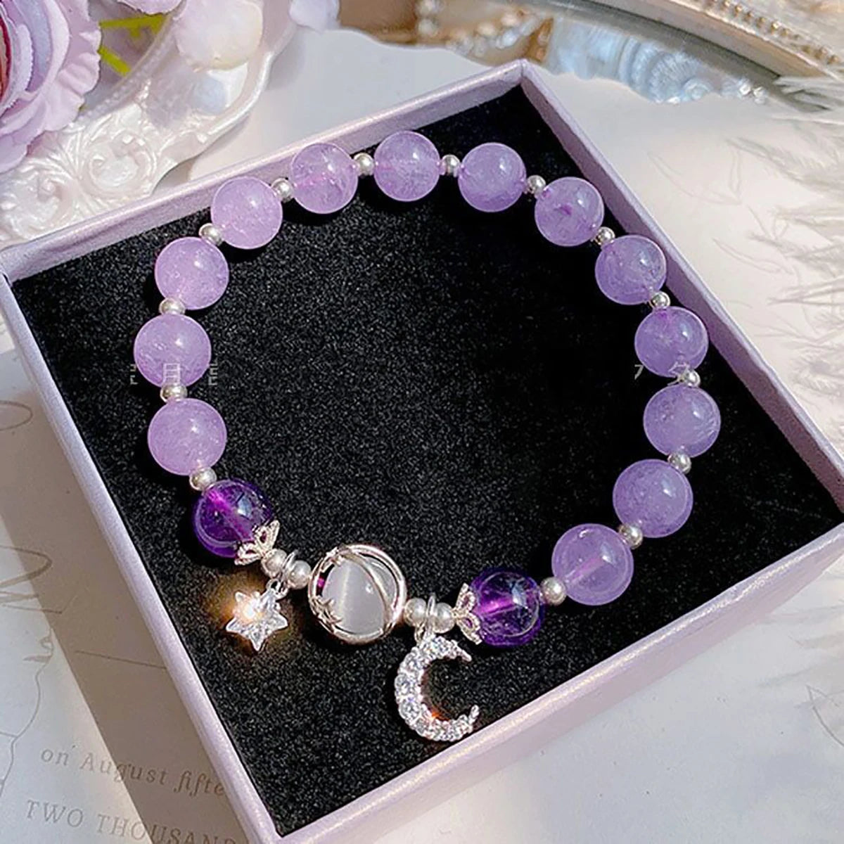Blue Purple Color Opal Stone Bracelet For Women Girls Shiny Crystal Bracelets Moon Star Pendant Bangles Wristband Jewelry