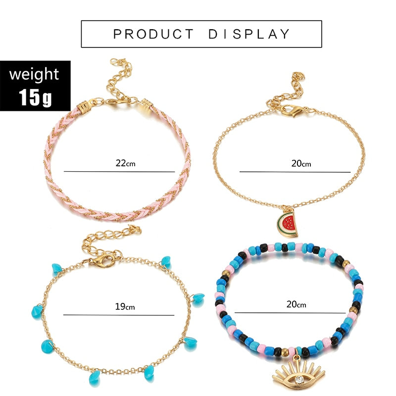 Docona Boho 4pcs/sets Colorful Beaded Anklets