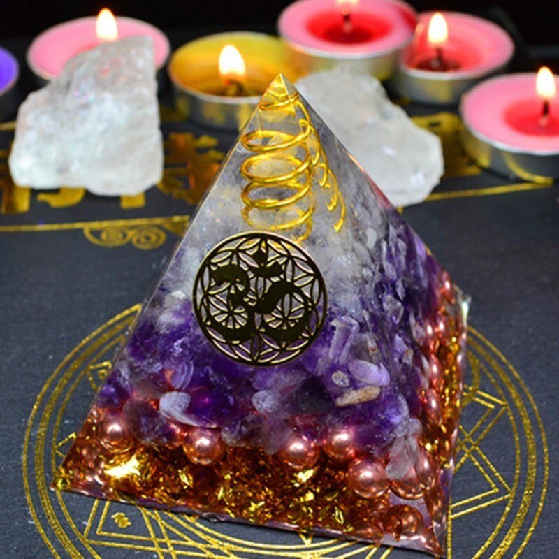 Natural Amethyst Orgonite Pyramid Energy Converter Orgone Aura Chakra Resin Good Luck Gift