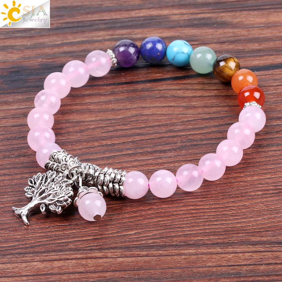Natural Pink Crystal Quartz 7 Chakra Gem Stone Bead Bracelet Tree Pendant Prayer Healing Stretch Bangles Women Jewelry