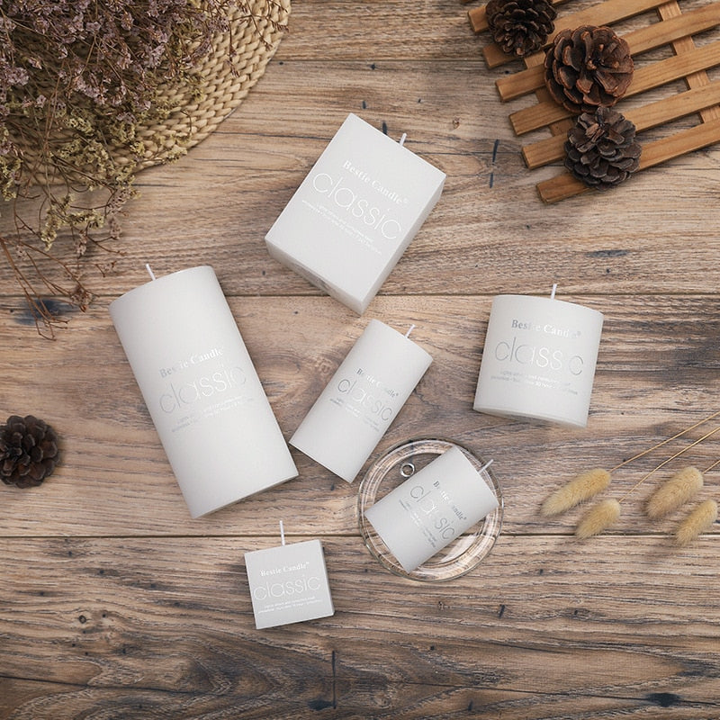 Glamorous, Bright White and beautifully Handmade Decorative Cylindrical Candles. Romantic and Smokeless.