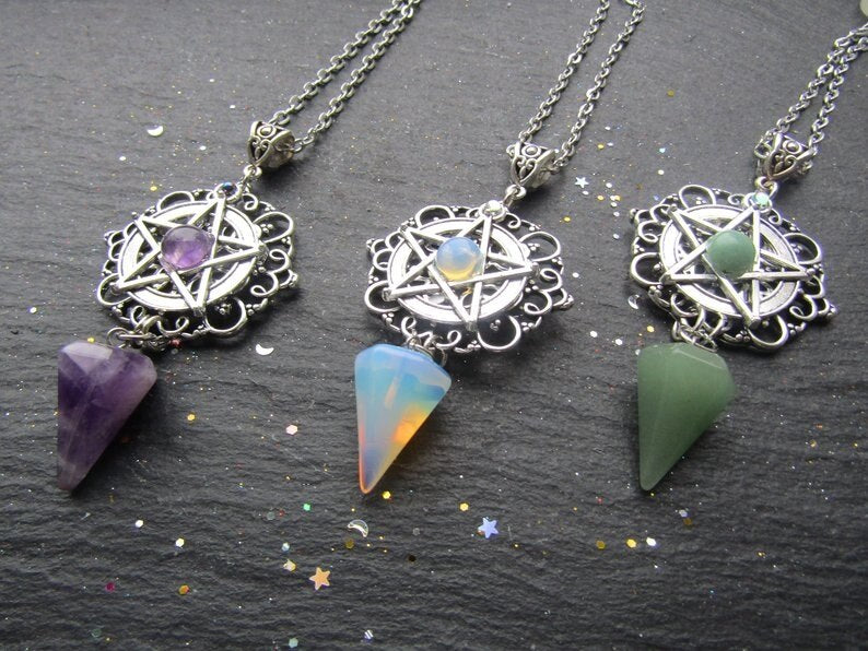 White Purple or Green Pentagram Necklace