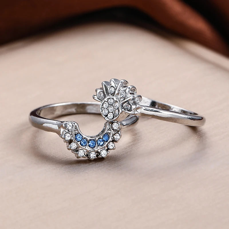 Celestial Blue Sparkling Moon Sun Star Crystal Ring for Women Fashion Elegant Stackable Finger Band Party Jewelry Gifts