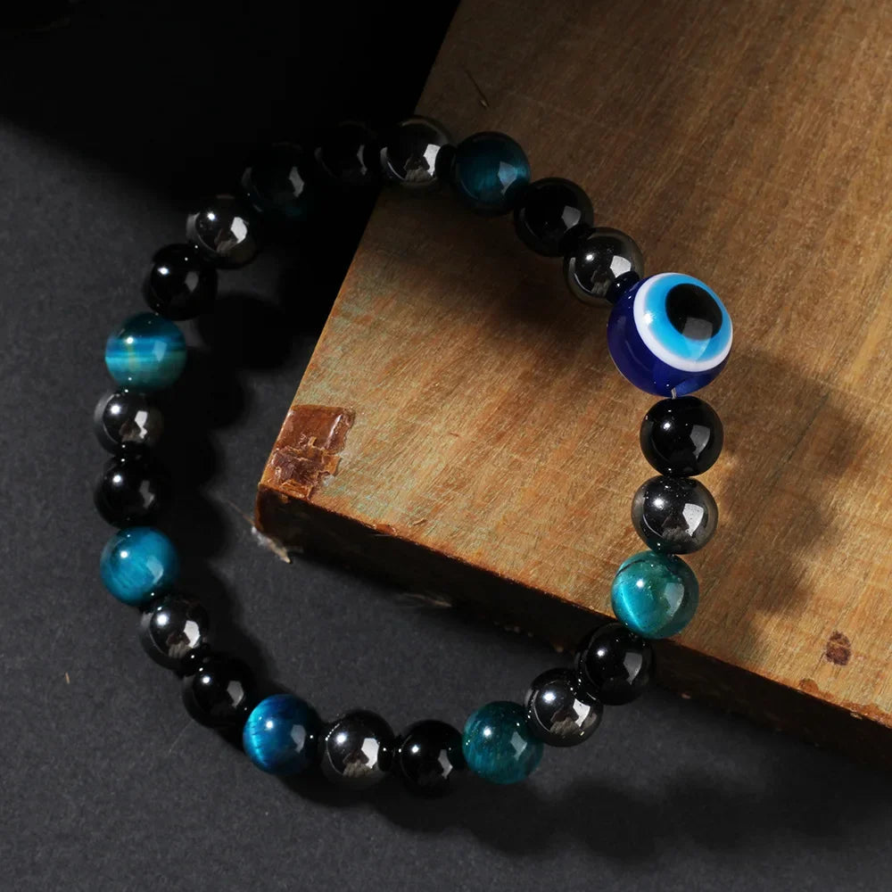 Triple Protection Bracelet, Blue Tigers Eye Black Bile Obsidian Evil Eye Beaded Bracelet, Handmade Stretch Beaded Bracelets