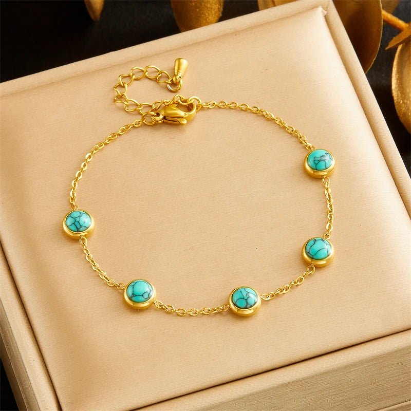DIEYURO 316L Stainless Steel Round Turquoise Necklace Bracelet Earrings Suit For Womens 2024 New TrendNon-fadingjewelry Set