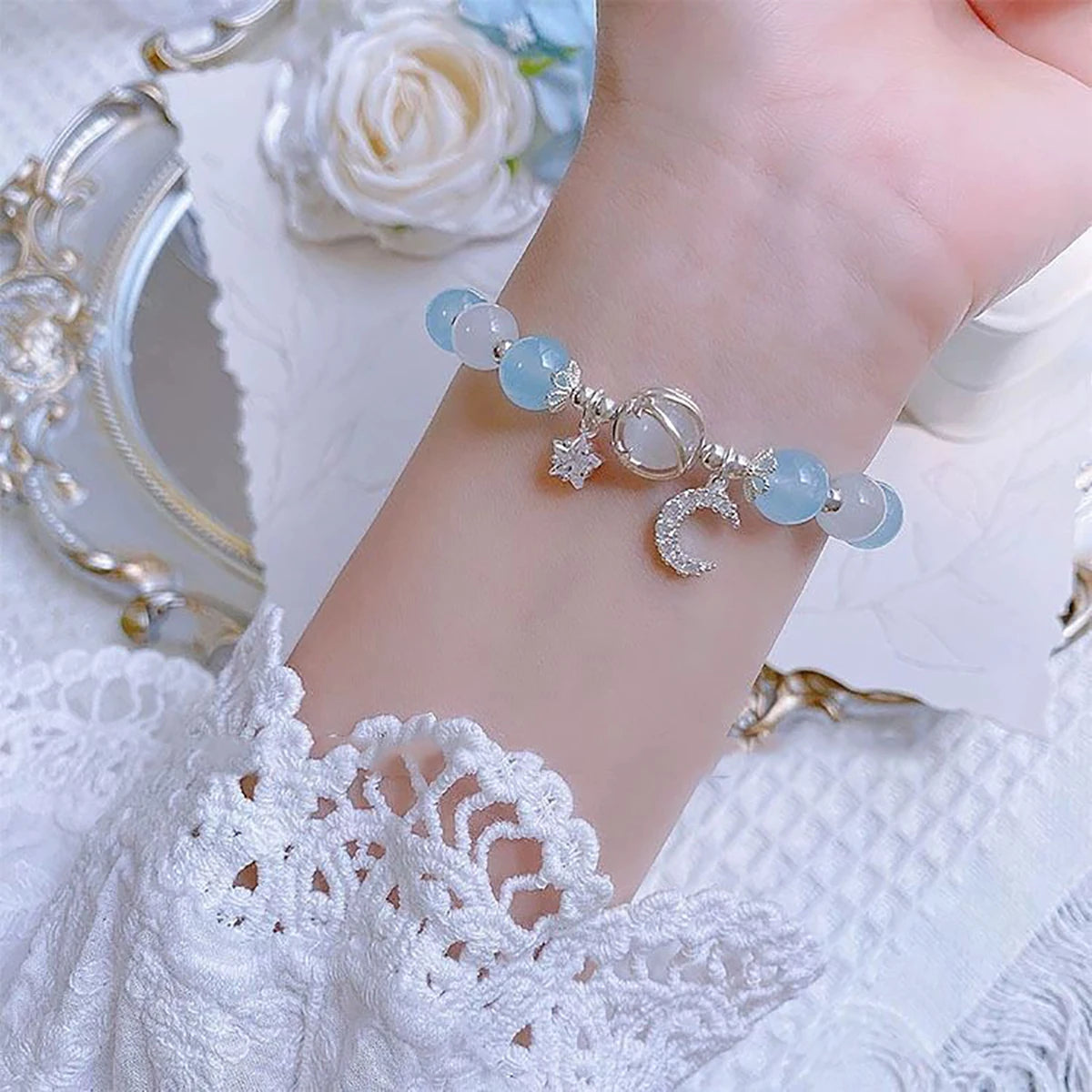 Blue Purple Color Opal Stone Bracelet For Women Girls Shiny Crystal Bracelets Moon Star Pendant Bangles Wristband Jewelry
