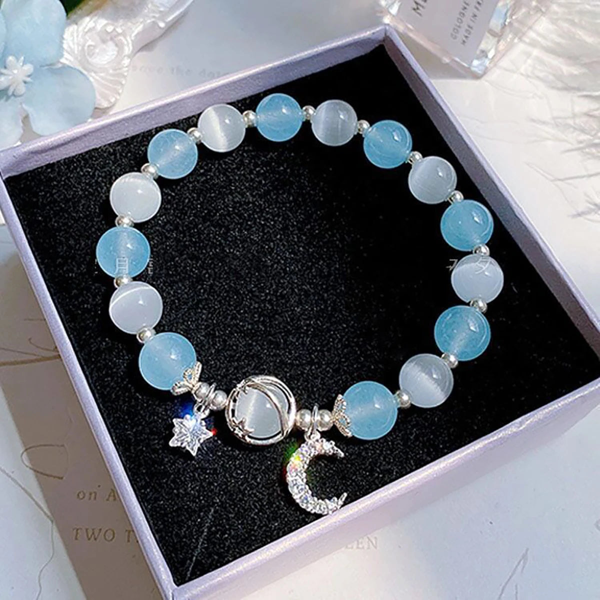 Blue Purple Color Opal Stone Bracelet For Women Girls Shiny Crystal Bracelets Moon Star Pendant Bangles Wristband Jewelry