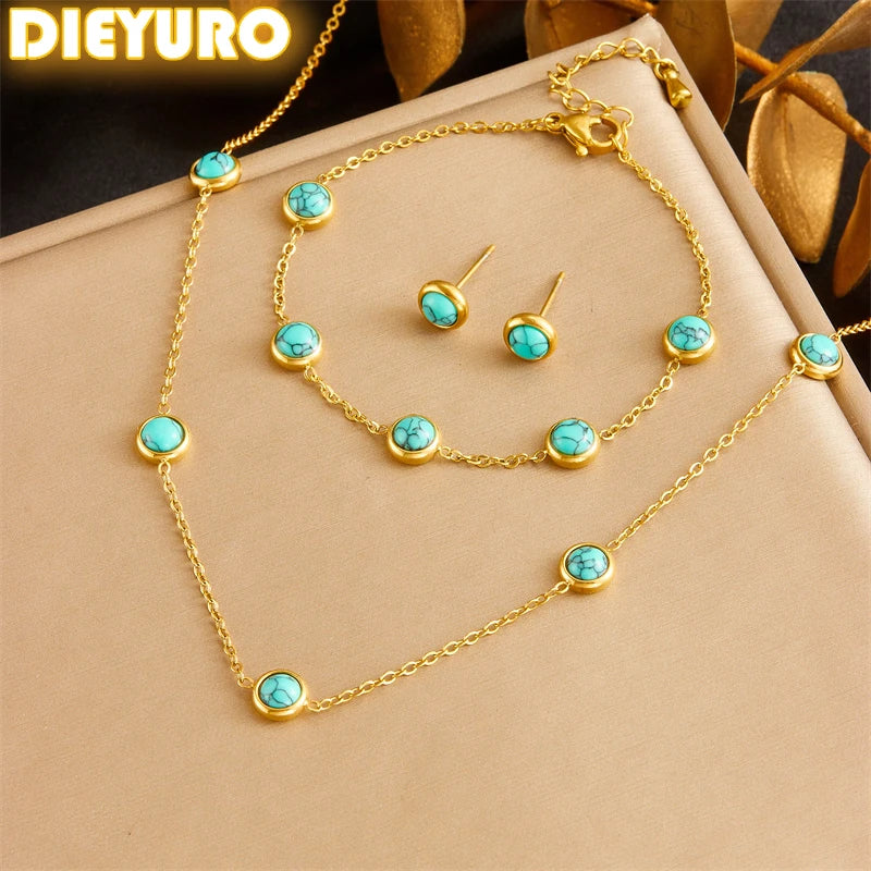 DIEYURO 316L Stainless Steel Round Turquoise Necklace Bracelet Earrings Suit For Womens 2024 New TrendNon-fadingjewelry Set