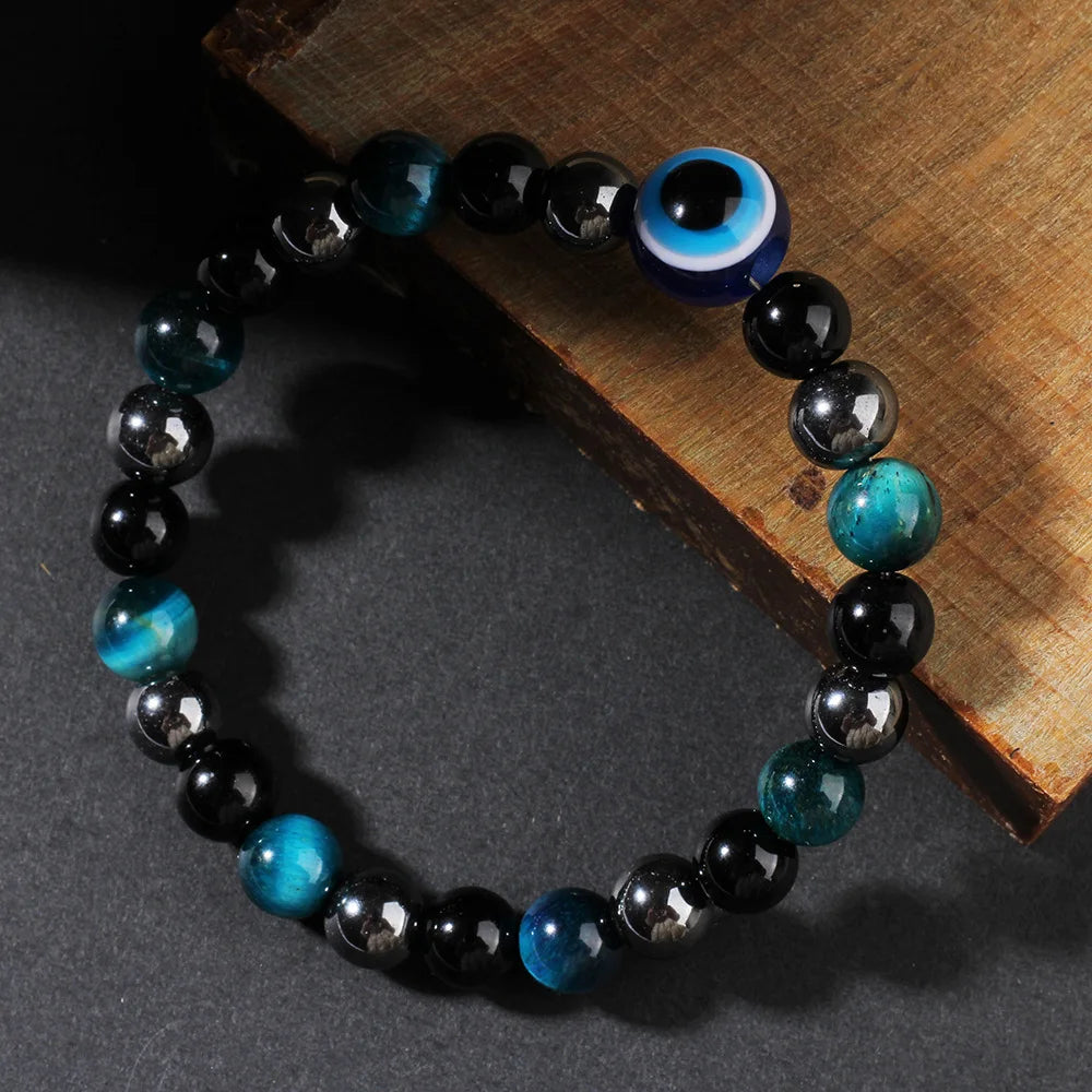 Triple Protection Bracelet, Blue Tigers Eye Black Bile Obsidian Evil Eye Beaded Bracelet, Handmade Stretch Beaded Bracelets