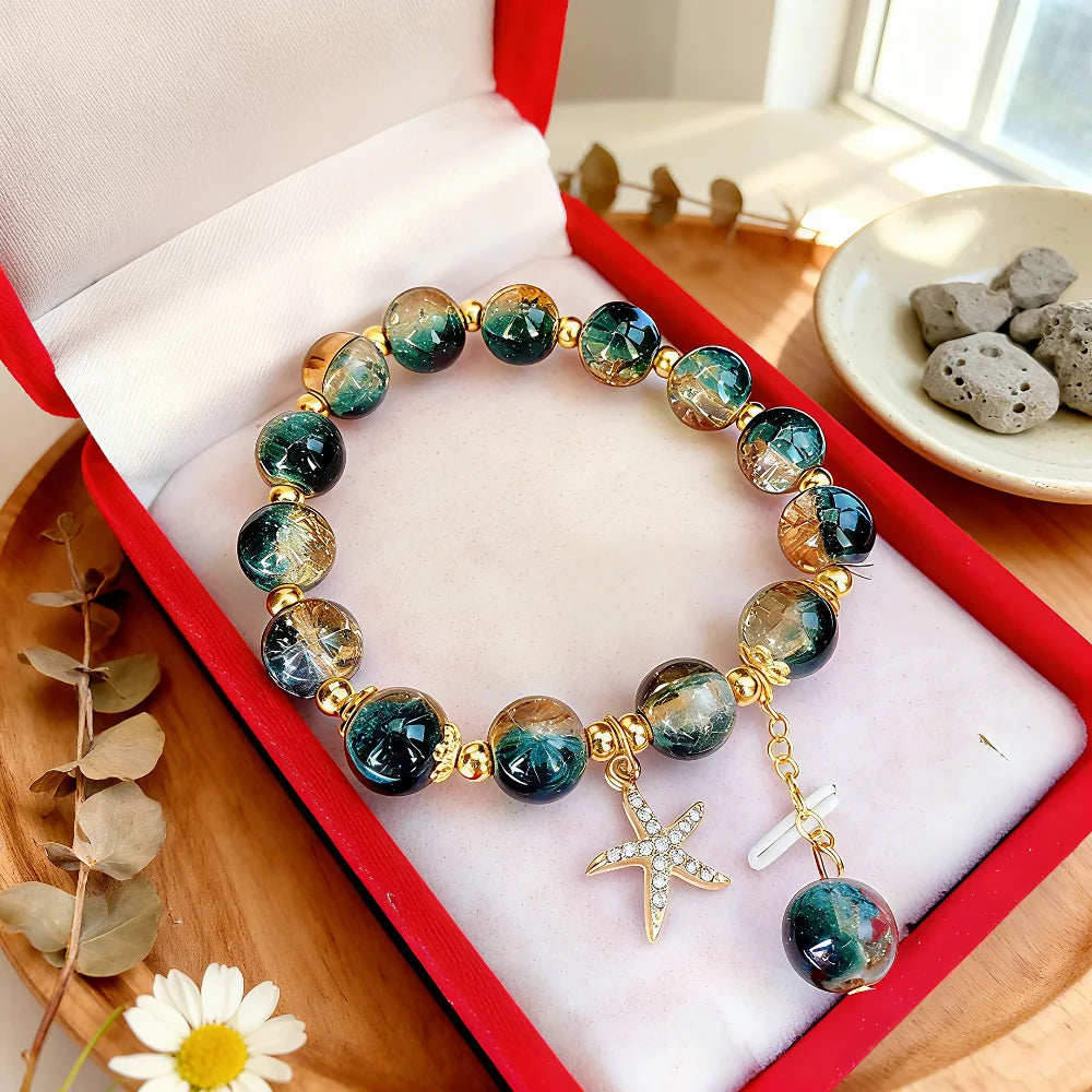 Bohemian Blue Gradient Crystal Beaded Bracelet Women Ocean Style Starfish Pendant Charm Bracelet Fashion Handmade Jewelry Gift