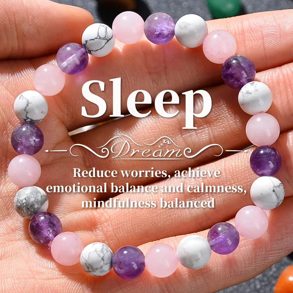 1pc Fashionable 8mm White Turquoise - Amethyst - Rose Quartz Natural Stone Aura Balancing Sleep Bracelet for Women