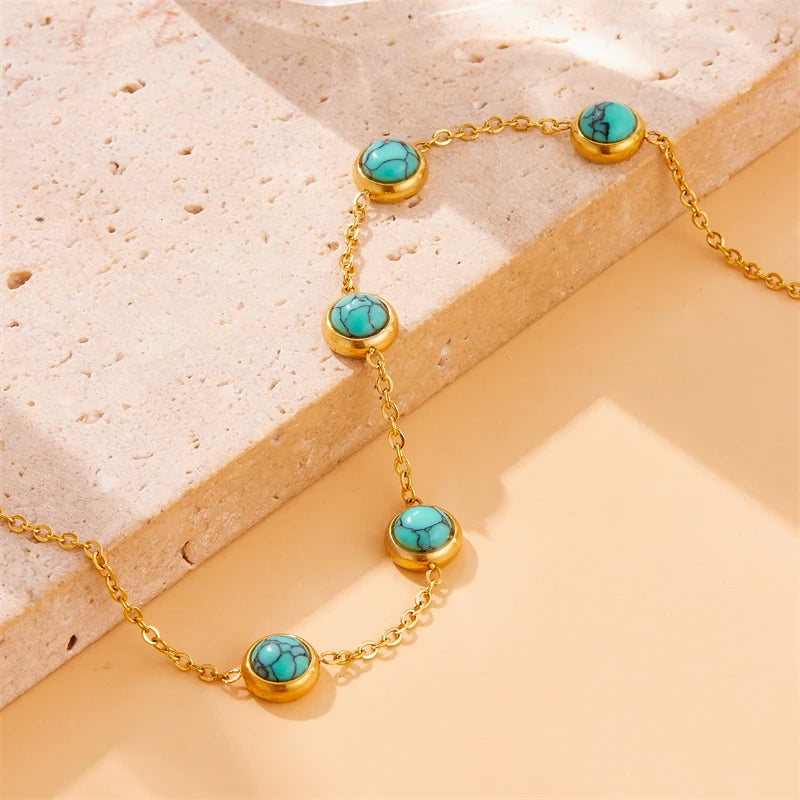 DIEYURO 316L Stainless Steel Round Turquoise Necklace Bracelet Earrings Suit For Womens 2024 New TrendNon-fadingjewelry Set