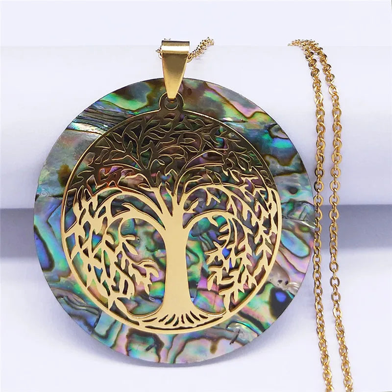 Tree of Life Stainless Steel Abalone Shell Natural Necklace Chain Gold Color Necklaces Mother Pearl Shell Boho Jewelry collar NX