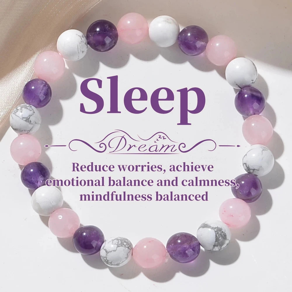1pc Fashionable 8mm White Turquoise - Amethyst - Rose Quartz Natural Stone Aura Balancing Sleep Bracelet for Women
