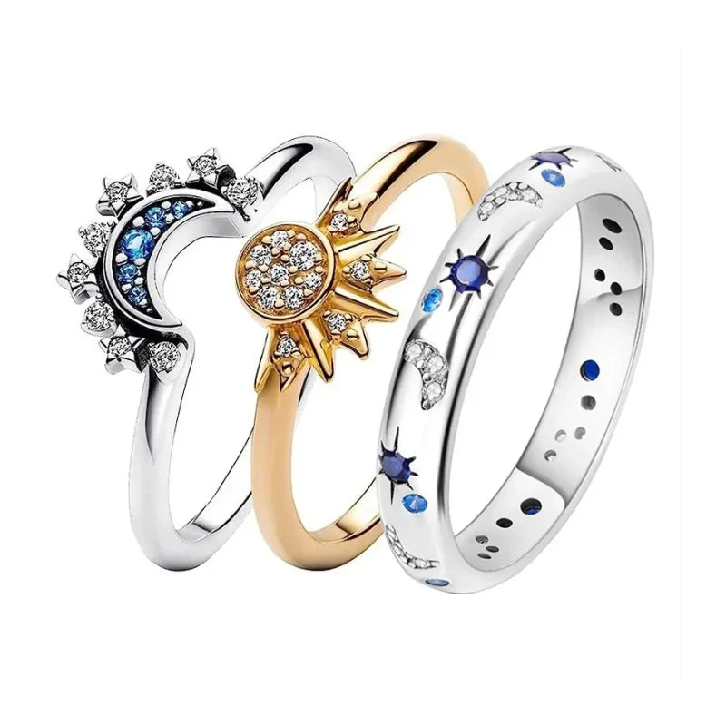 Celestial Blue Sparkling Moon Sun Star Crystal Ring for Women Fashion Elegant Stackable Finger Band Party Jewelry Gifts