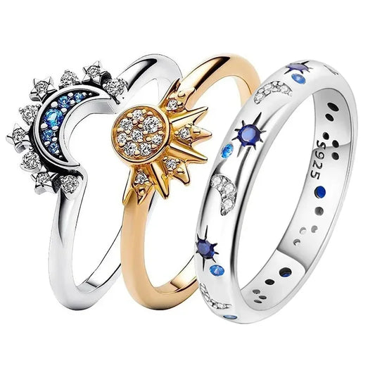 New Celestial Blue Sparkling Moon Sun Star Crystal Ring for Women Fashion Elegant Stackable Finger Band Party Jewelry Gifts