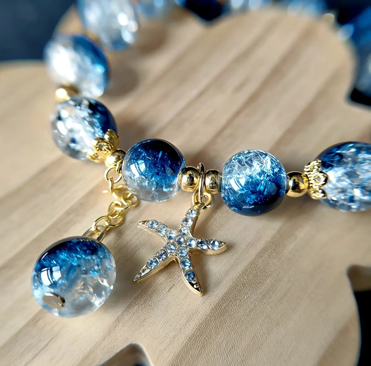 Bohemian Blue Gradient Crystal Beaded Bracelet Women Ocean Style Starfish Pendant Charm Bracelet Fashion Handmade Jewelry Gift