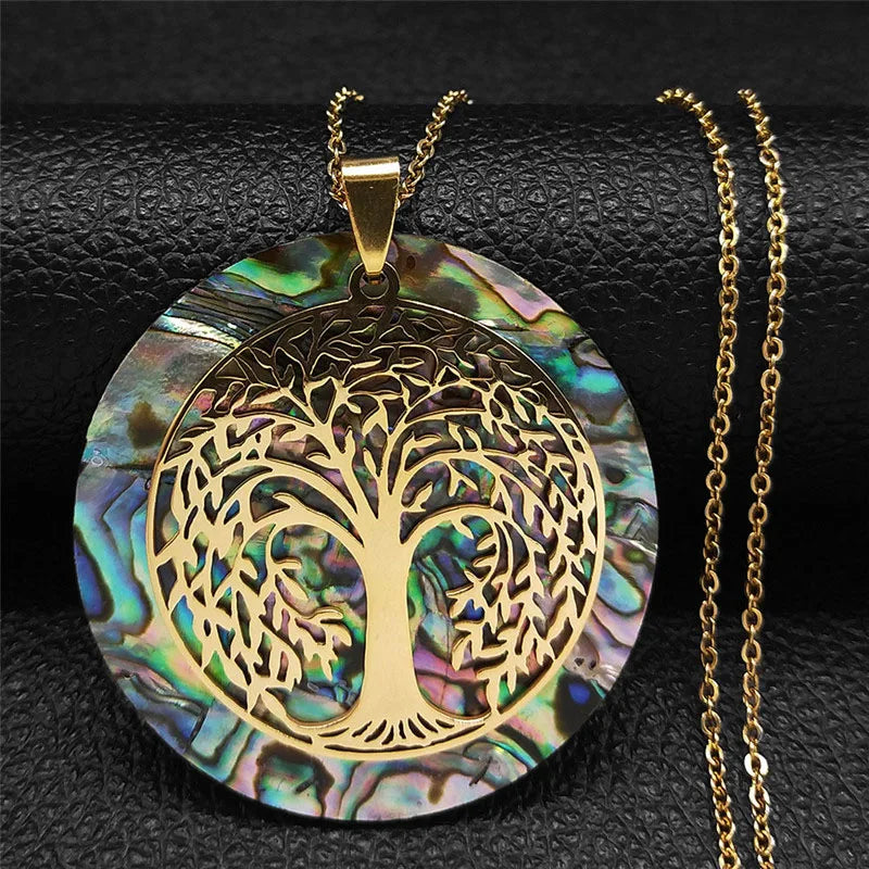 Tree of Life Stainless Steel Abalone Shell Natural Necklace Chain Gold Color Necklaces Mother Pearl Shell Boho Jewelry collar NX