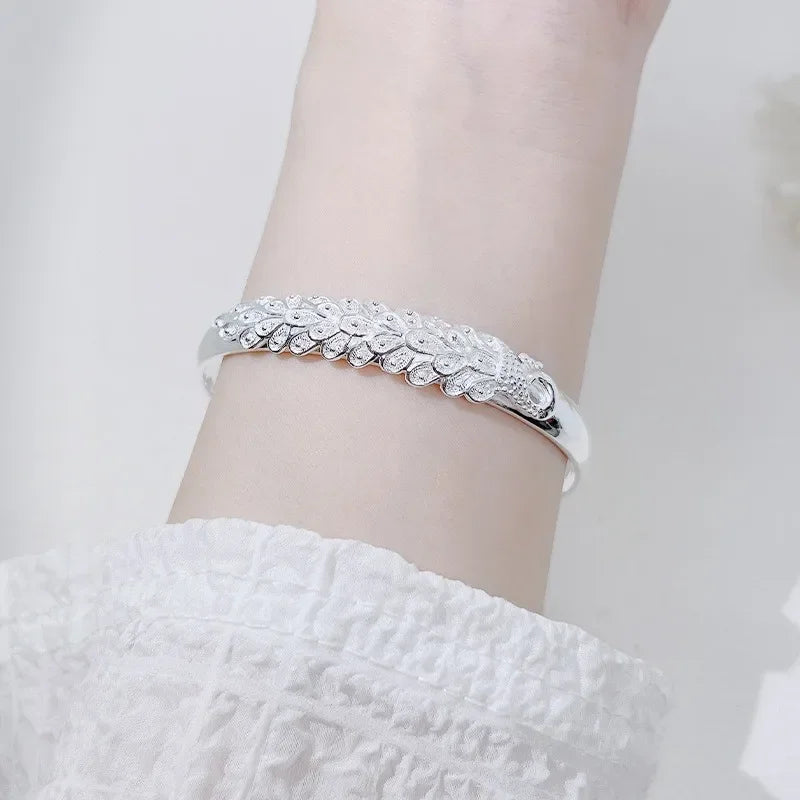 925 Sterling Silver Peacock Opening Screen Bracelet For Women Luxury Designer Texture Open Bracelets Party Original Jewelry Gift