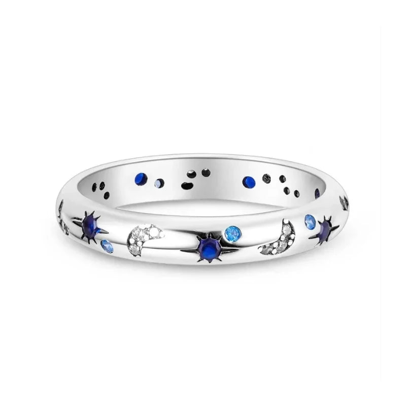 Celestial Blue Sparkling Moon Sun Star Crystal Ring for Women Fashion Elegant Stackable Finger Band Party Jewelry Gifts