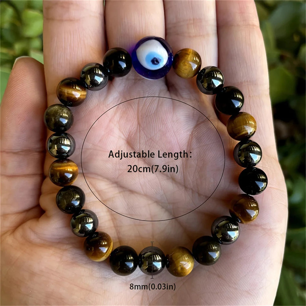 Triple Protection Bracelet, Blue Tigers Eye Black Bile Obsidian Evil Eye Beaded Bracelet, Handmade Stretch Beaded Bracelets