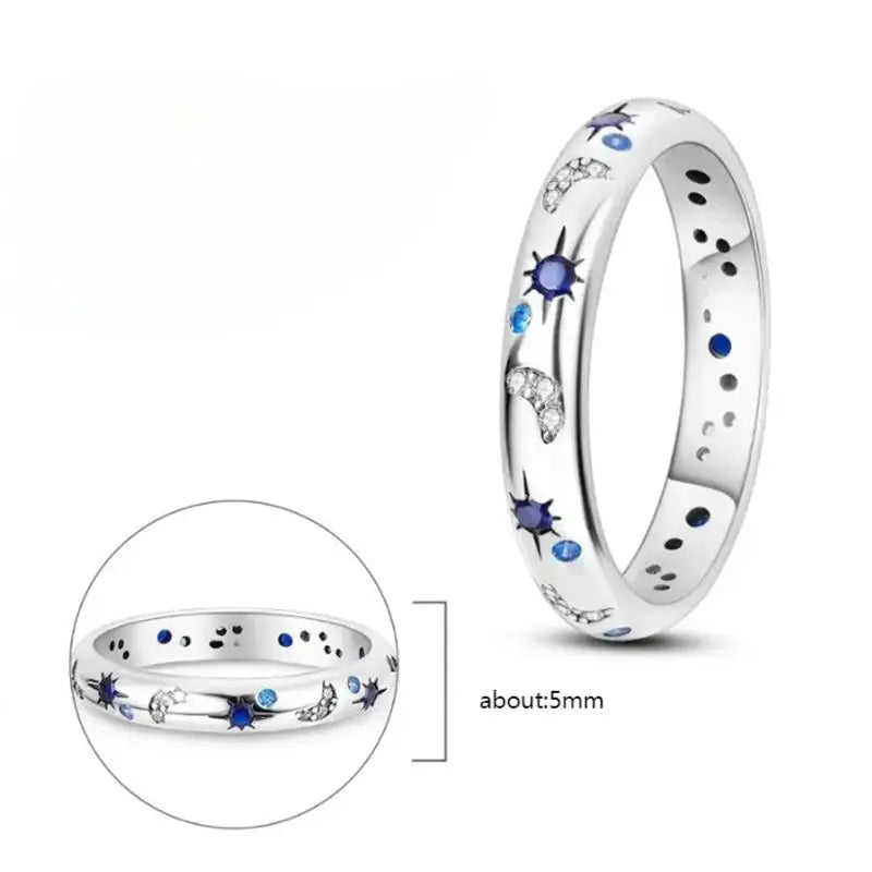 Celestial Blue Sparkling Moon Sun Star Crystal Ring for Women Fashion Elegant Stackable Finger Band Party Jewelry Gifts