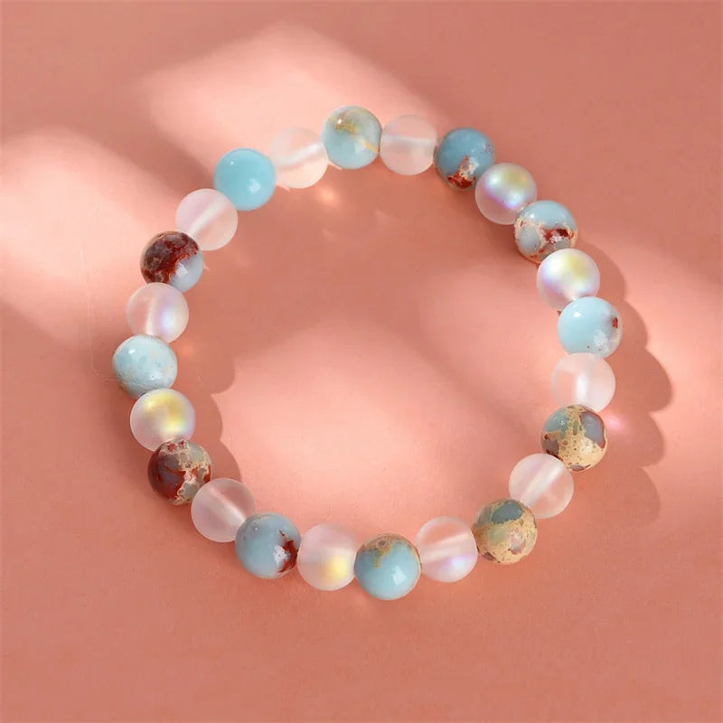 1 Quartz aura and ocean sediment bead bracelet - Unisex - Homog crystal jewelry - Brings abundance