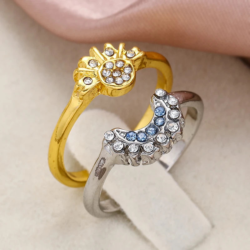 Celestial Blue Sparkling Moon Sun Star Crystal Ring for Women Fashion Elegant Stackable Finger Band Party Jewelry Gifts