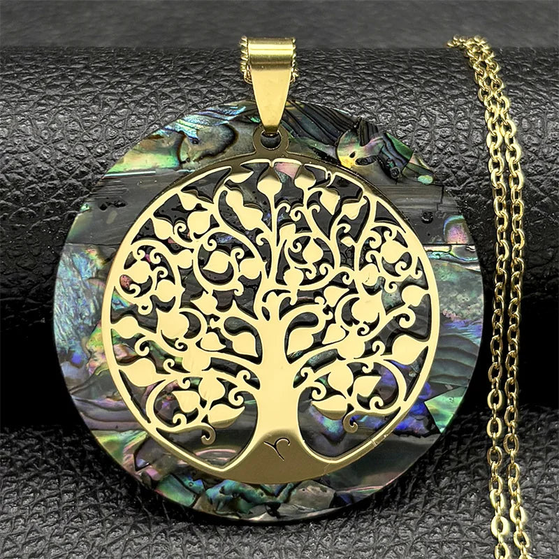 Tree of Life Stainless Steel Abalone Shell Natural Necklace Chain Gold Color Necklaces Mother Pearl Shell Boho Jewelry collar NX