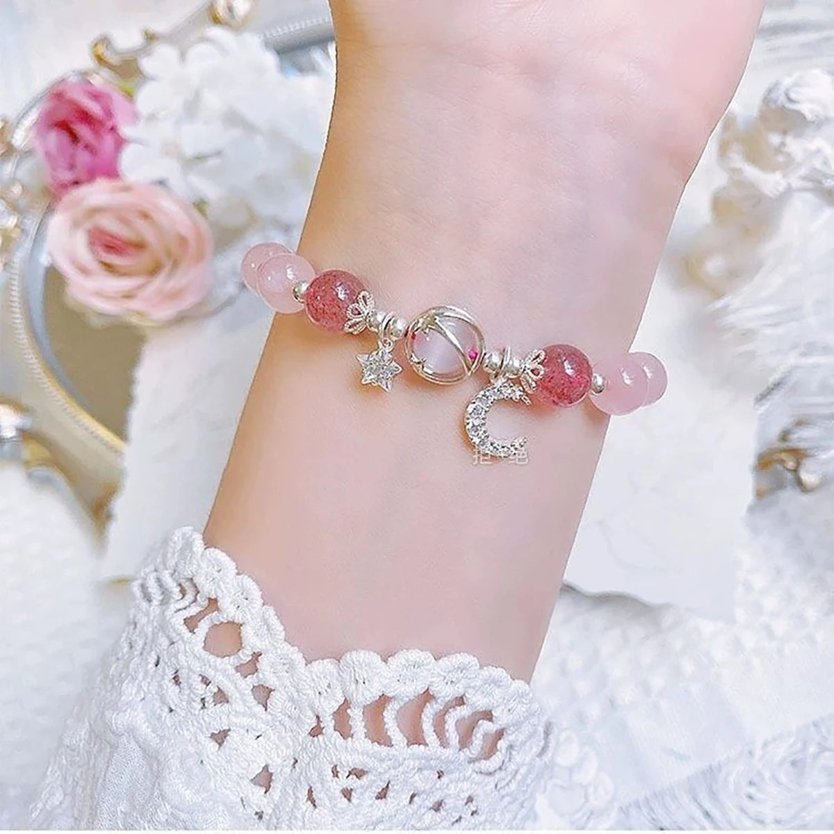 Blue Purple Color Opal Stone Bracelet For Women Girls Shiny Crystal Bracelets Moon Star Pendant Bangles Wristband Jewelry