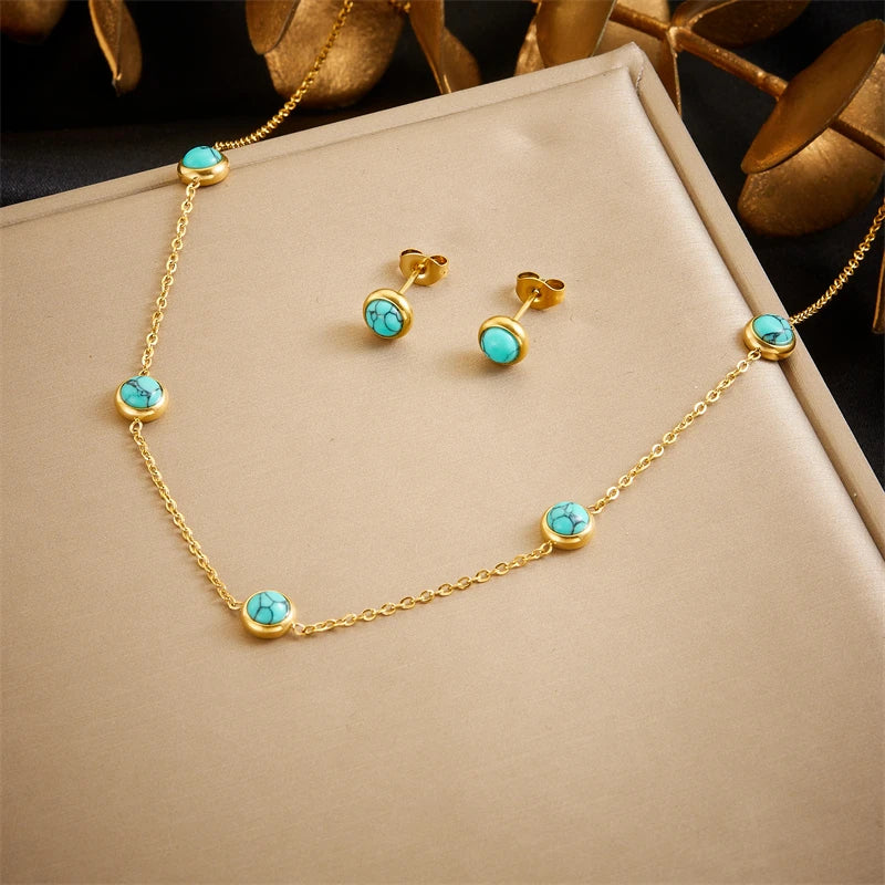 DIEYURO 316L Stainless Steel Round Turquoise Necklace Bracelet Earrings Suit For Womens 2024 New TrendNon-fadingjewelry Set