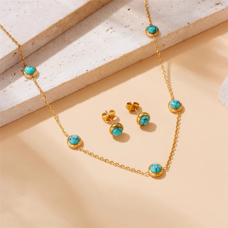 DIEYURO 316L Stainless Steel Round Turquoise Necklace Bracelet Earrings Suit For Womens 2024 New TrendNon-fadingjewelry Set