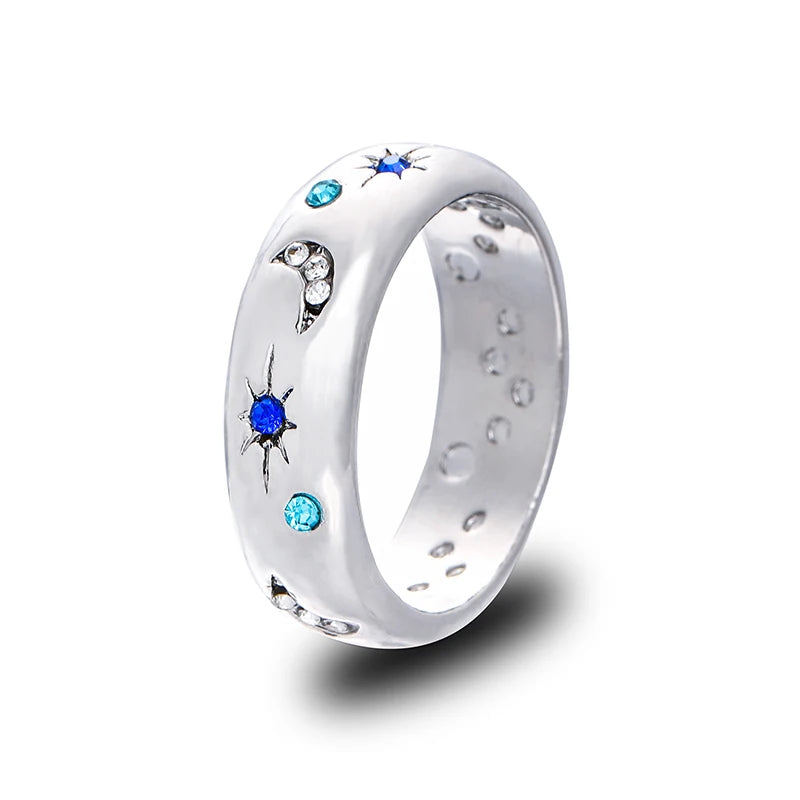 Celestial Blue Sparkling Moon Sun Star Crystal Ring for Women Fashion Elegant Stackable Finger Band Party Jewelry Gifts