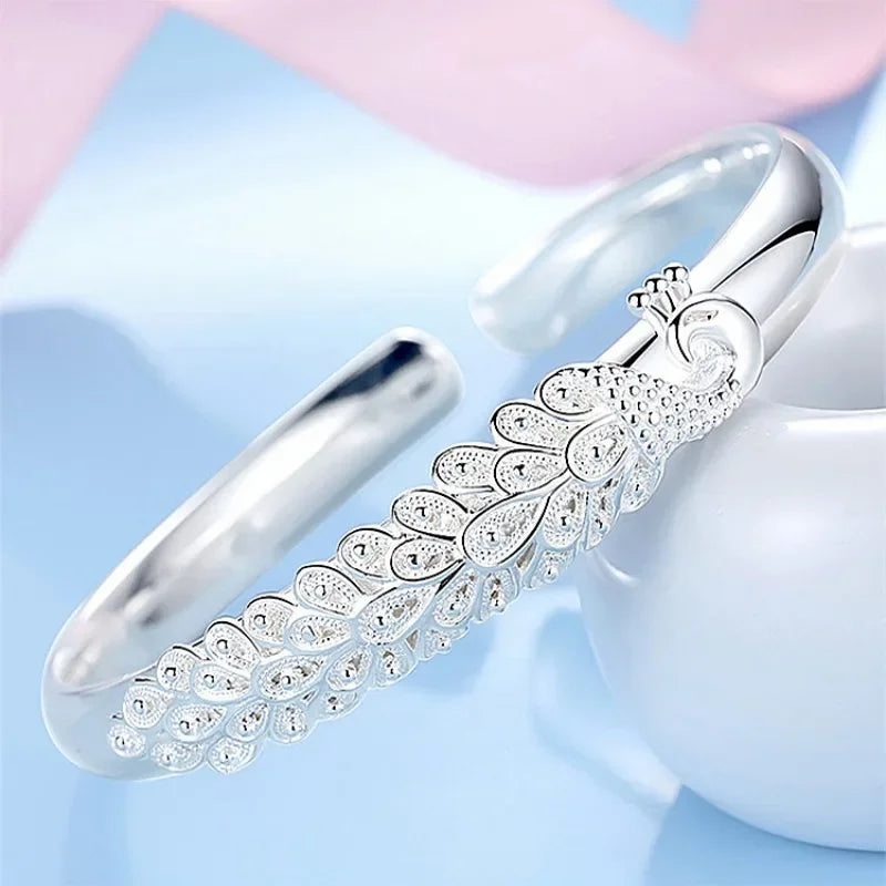 925 Sterling Silver Peacock Opening Screen Bracelet For Women Luxury Designer Texture Open Bracelets Party Original Jewelry Gift