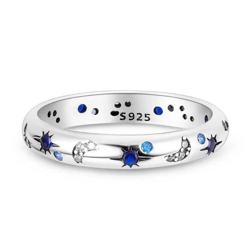 New Celestial Blue Sparkling Moon Sun Star Crystal Ring for Women Fashion Elegant Stackable Finger Band Party Jewelry Gifts