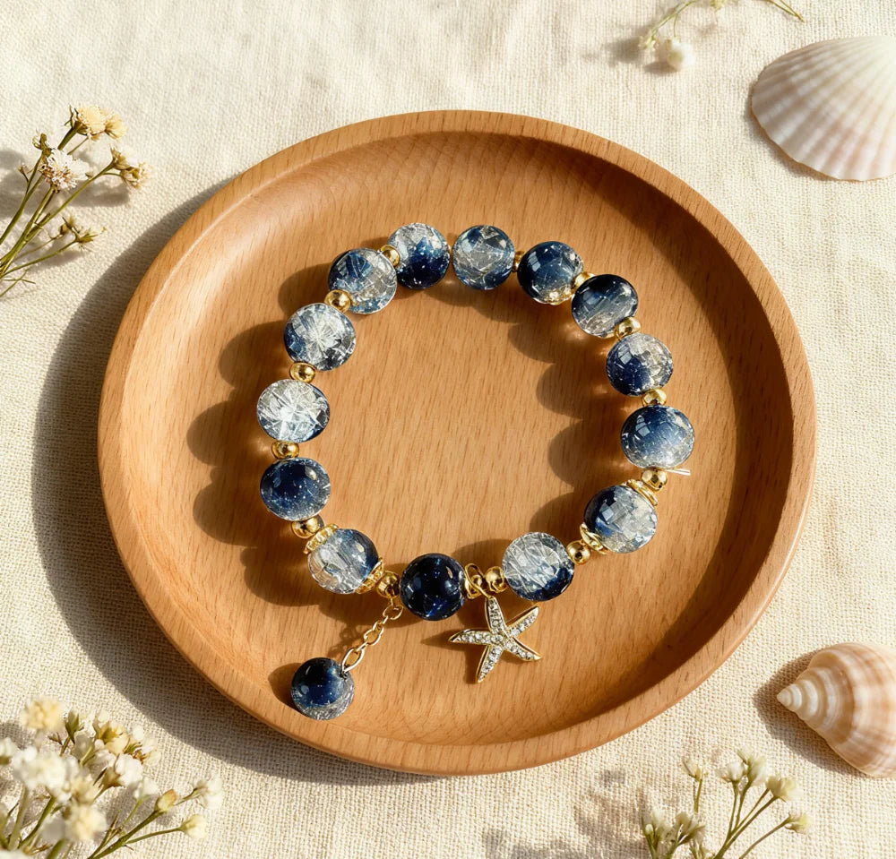 Bohemian Blue Gradient Crystal Beaded Bracelet Women Ocean Style Starfish Pendant Charm Bracelet Fashion Handmade Jewelry Gift