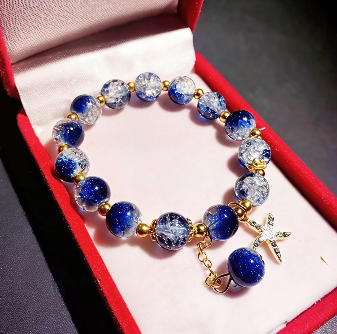 Bohemian Blue Gradient Crystal Beaded Bracelet Women Ocean Style Starfish Pendant Charm Bracelet Fashion Handmade Jewelry Gift
