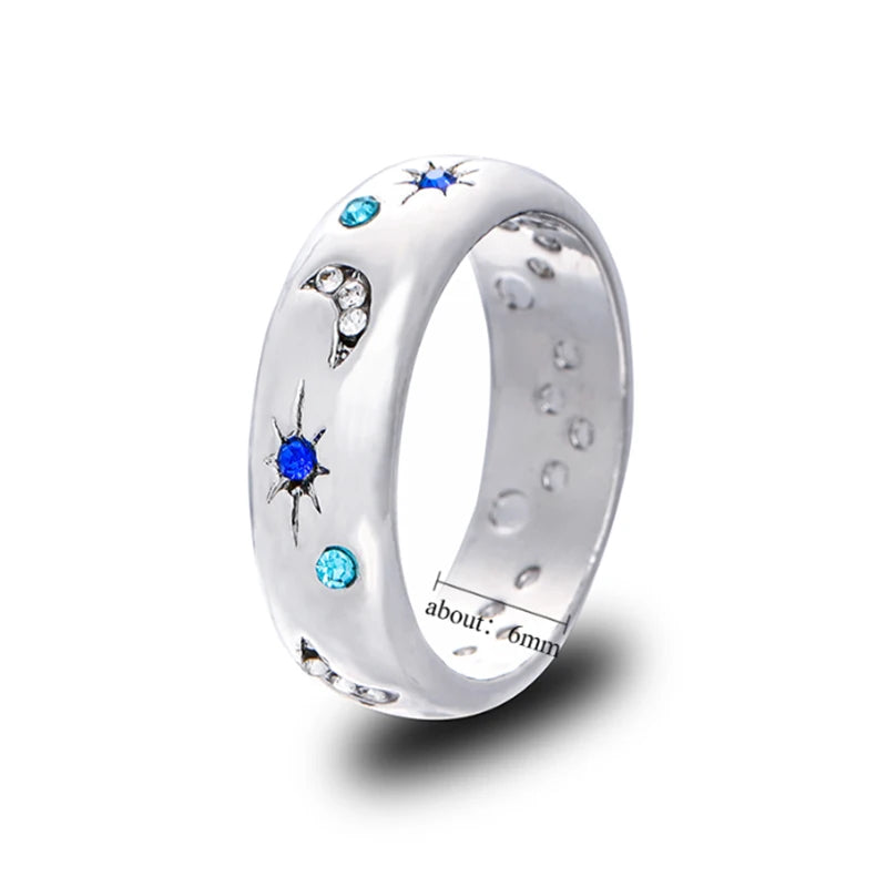 Celestial Blue Sparkling Moon Sun Star Crystal Ring for Women Fashion Elegant Stackable Finger Band Party Jewelry Gifts
