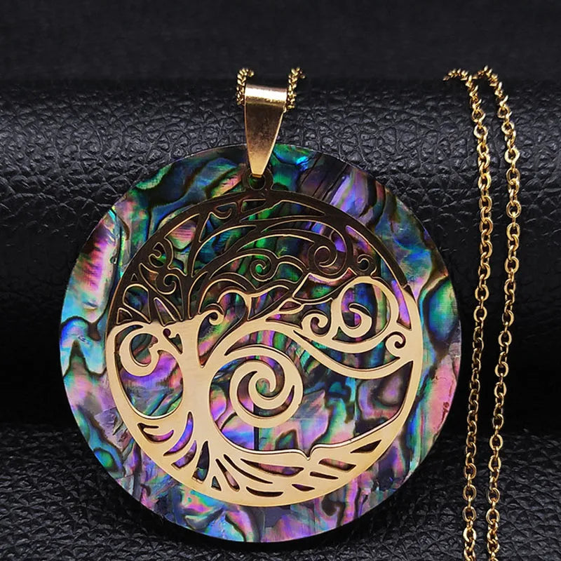 Tree of Life Stainless Steel Abalone Shell Natural Necklace Chain Gold Color Necklaces Mother Pearl Shell Boho Jewelry collar NX