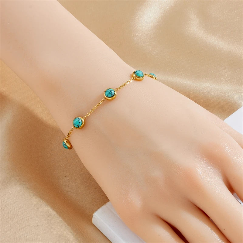 DIEYURO 316L Stainless Steel Round Turquoise Necklace Bracelet Earrings Suit For Womens 2024 New TrendNon-fadingjewelry Set