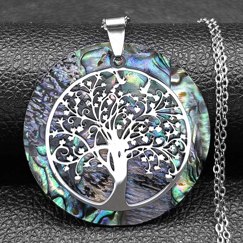 Tree of Life Stainless Steel Abalone Shell Natural Necklace Chain Gold Color Necklaces Mother Pearl Shell Boho Jewelry collar NX