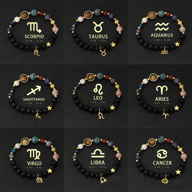Set of zodiac bracelets with corresponding symbols on a dark background