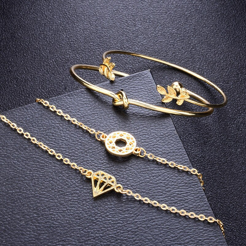 Modyle Bohemian Leaves Knot Round Chain Opening Gold Bracelet Set