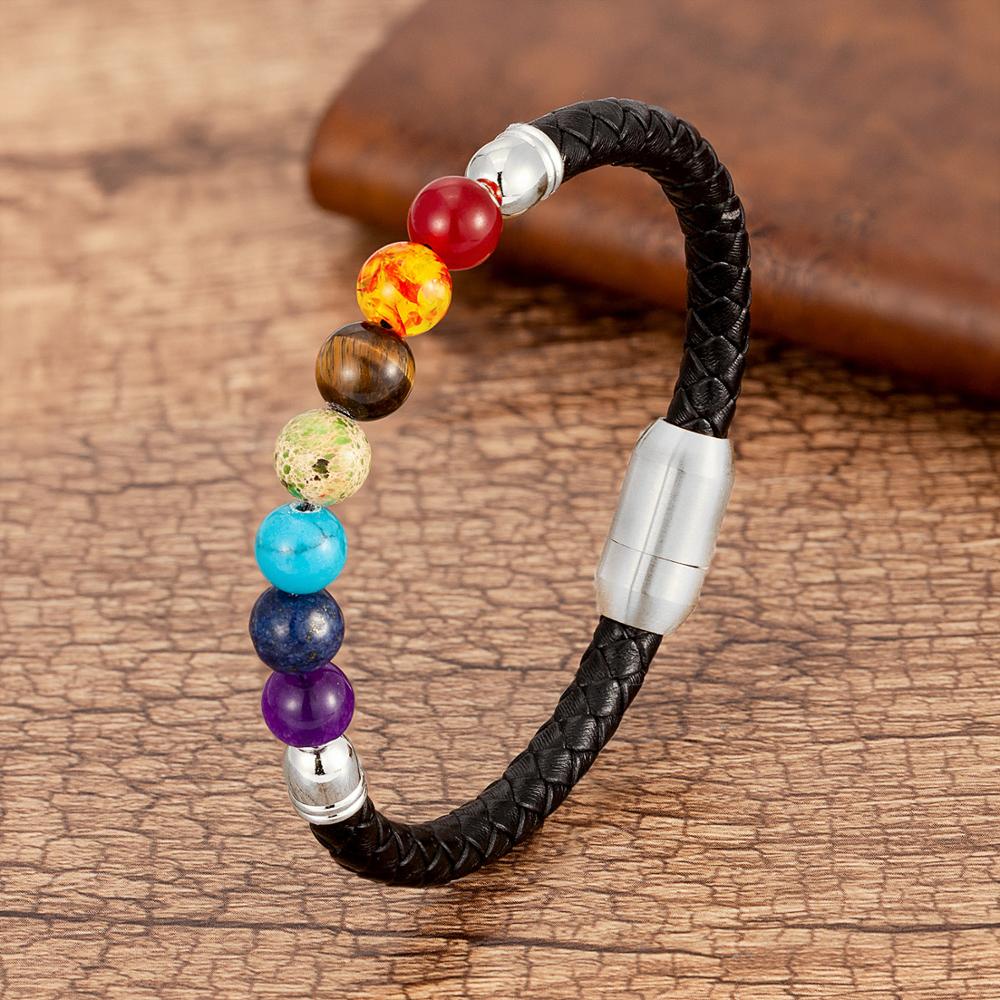 Natural Round Chakra Bead Stone Men and Women Bracelet Classic Black Genuine Leather Stainless Steel Bangles