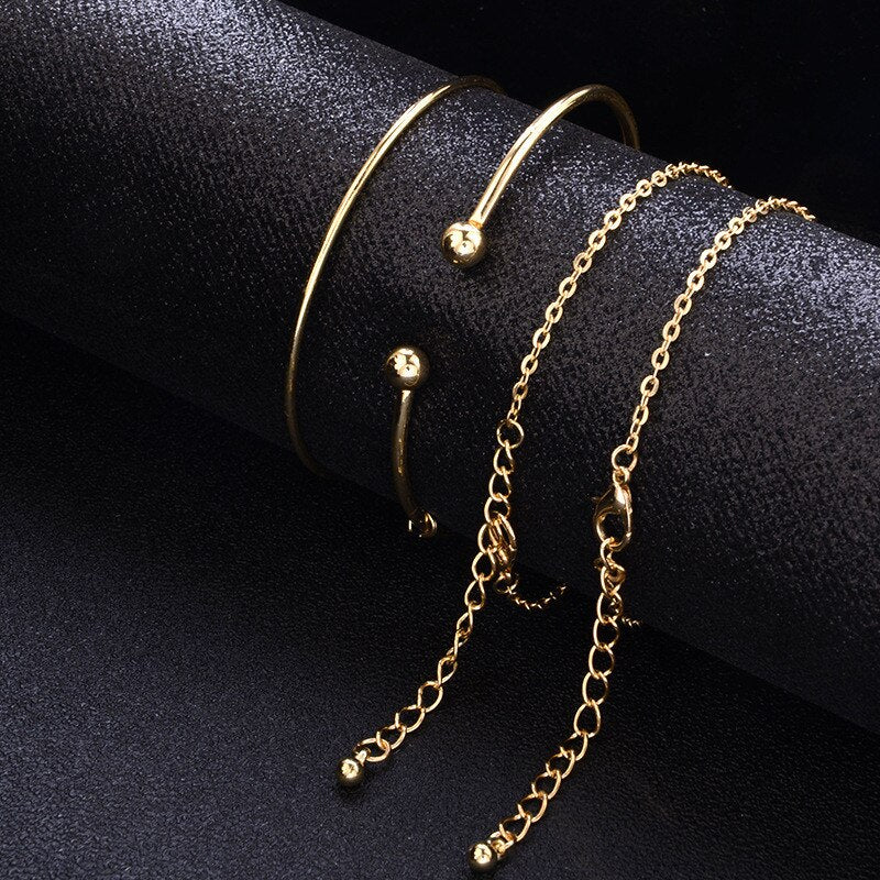 Modyle Bohemian Leaves Knot Round Chain Opening Gold Bracelet Set