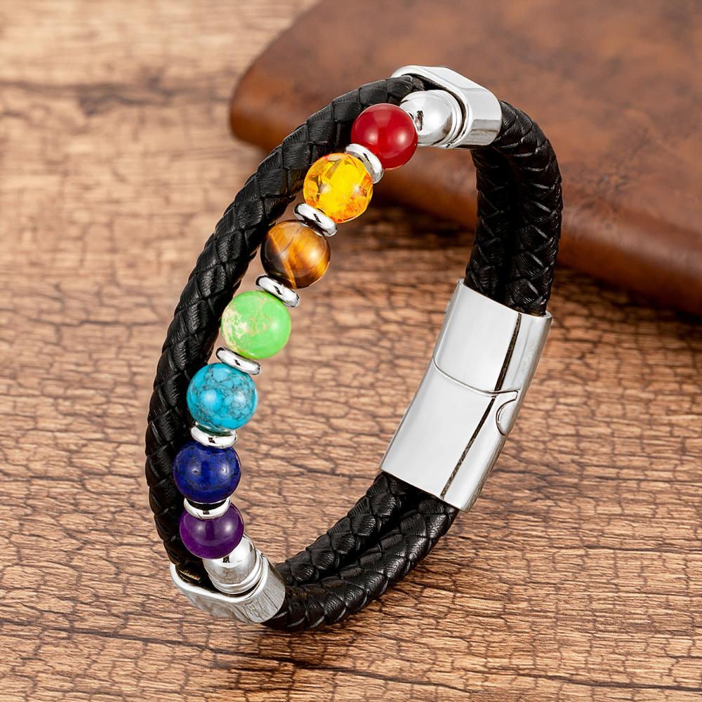 Natural Round Chakra Bead Stone Men and Women Bracelet Classic Black Genuine Leather Stainless Steel Bangles