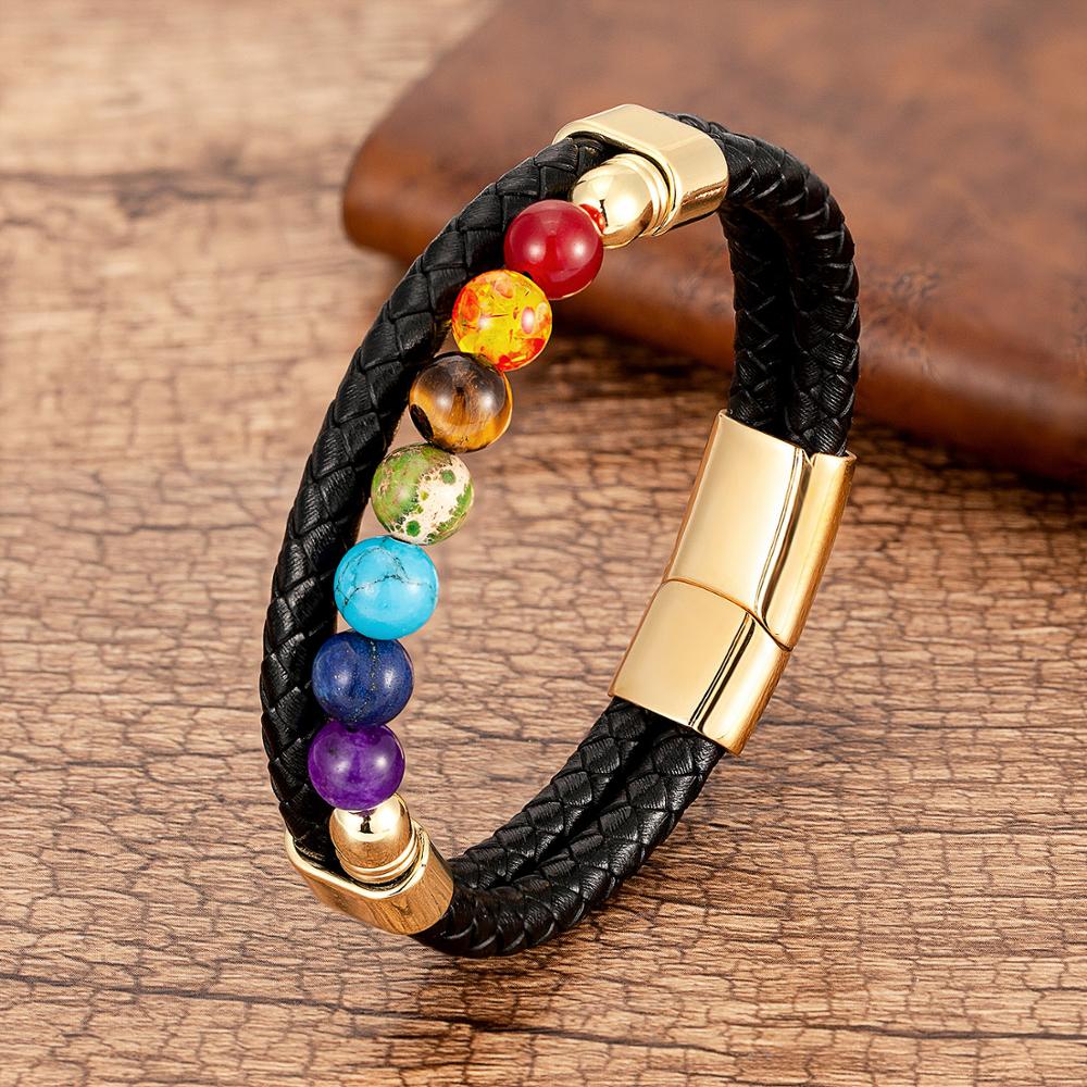 Natural Round Chakra Bead Stone Men and Women Bracelet Classic Black Genuine Leather Stainless Steel Bangles