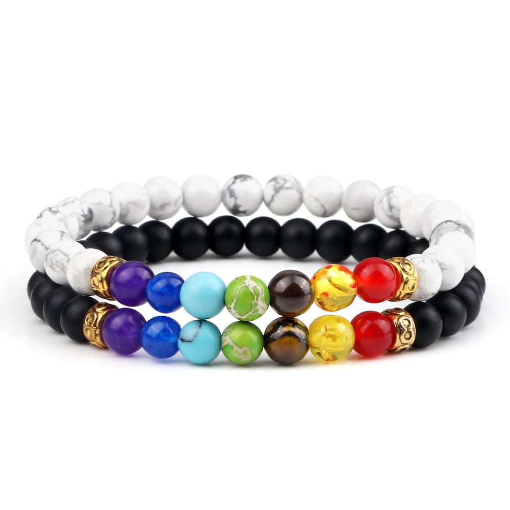 2Pcs/set 7 Chakra Bracelet For Women Men Balance Buddha Reiki Prayer Tiger Eyes Black Natural Stone Beads Yoga Strand Bracelets